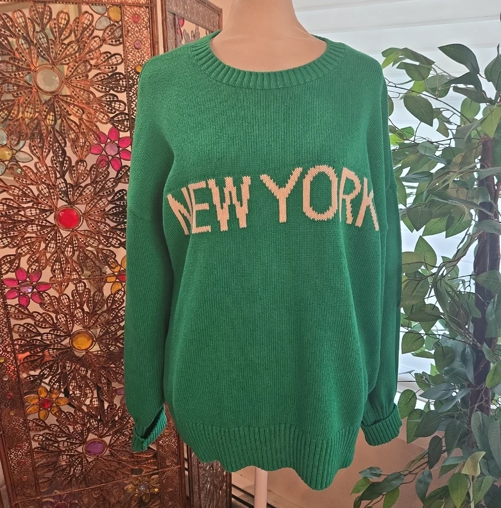 NWT Fishermans Chunky Knit New York Cotton Green Crewneck Sweater Womens Small